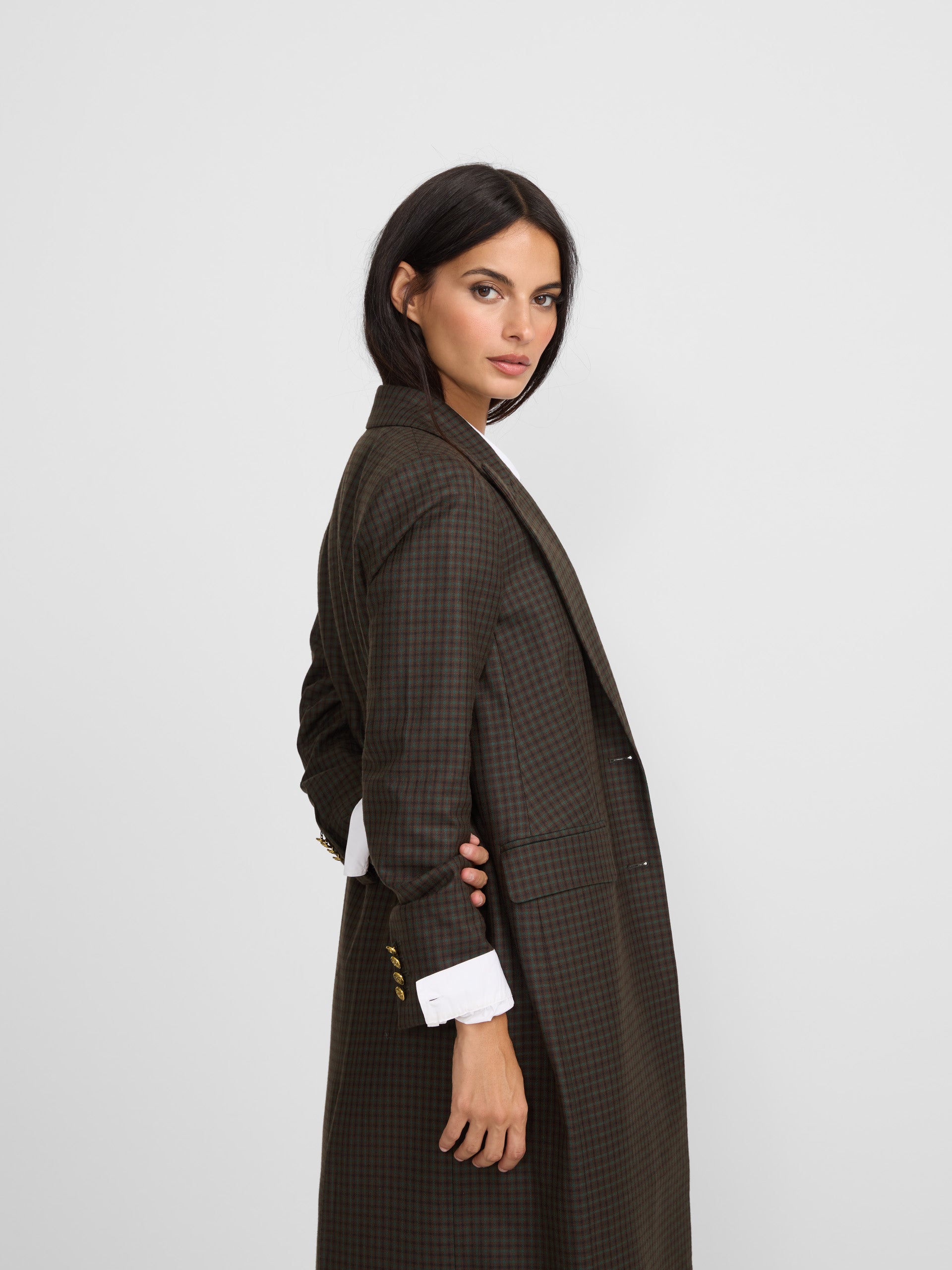 Casaco comprido clássico de xadrez verde