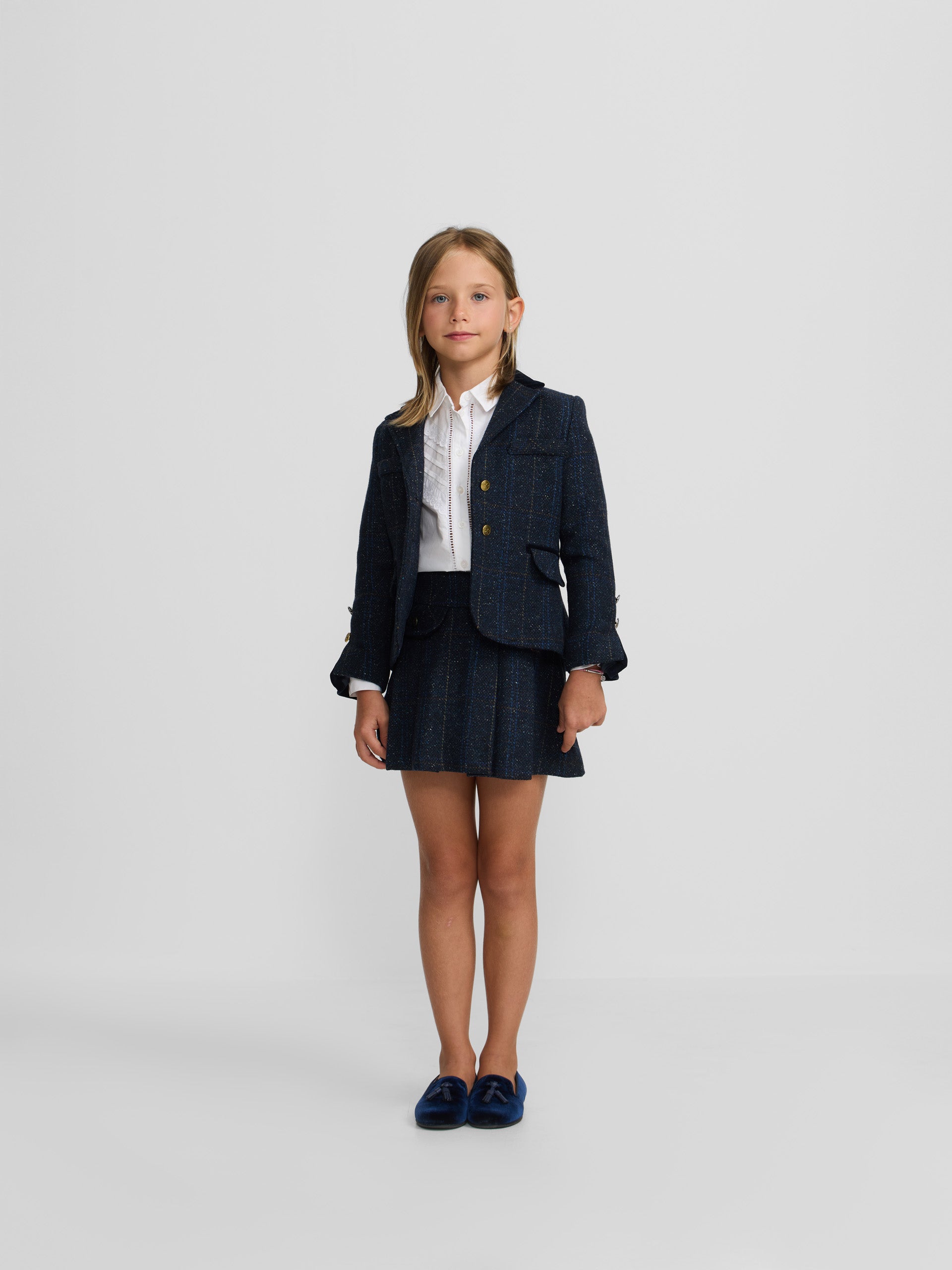 American girl with blue plaid velvet details
