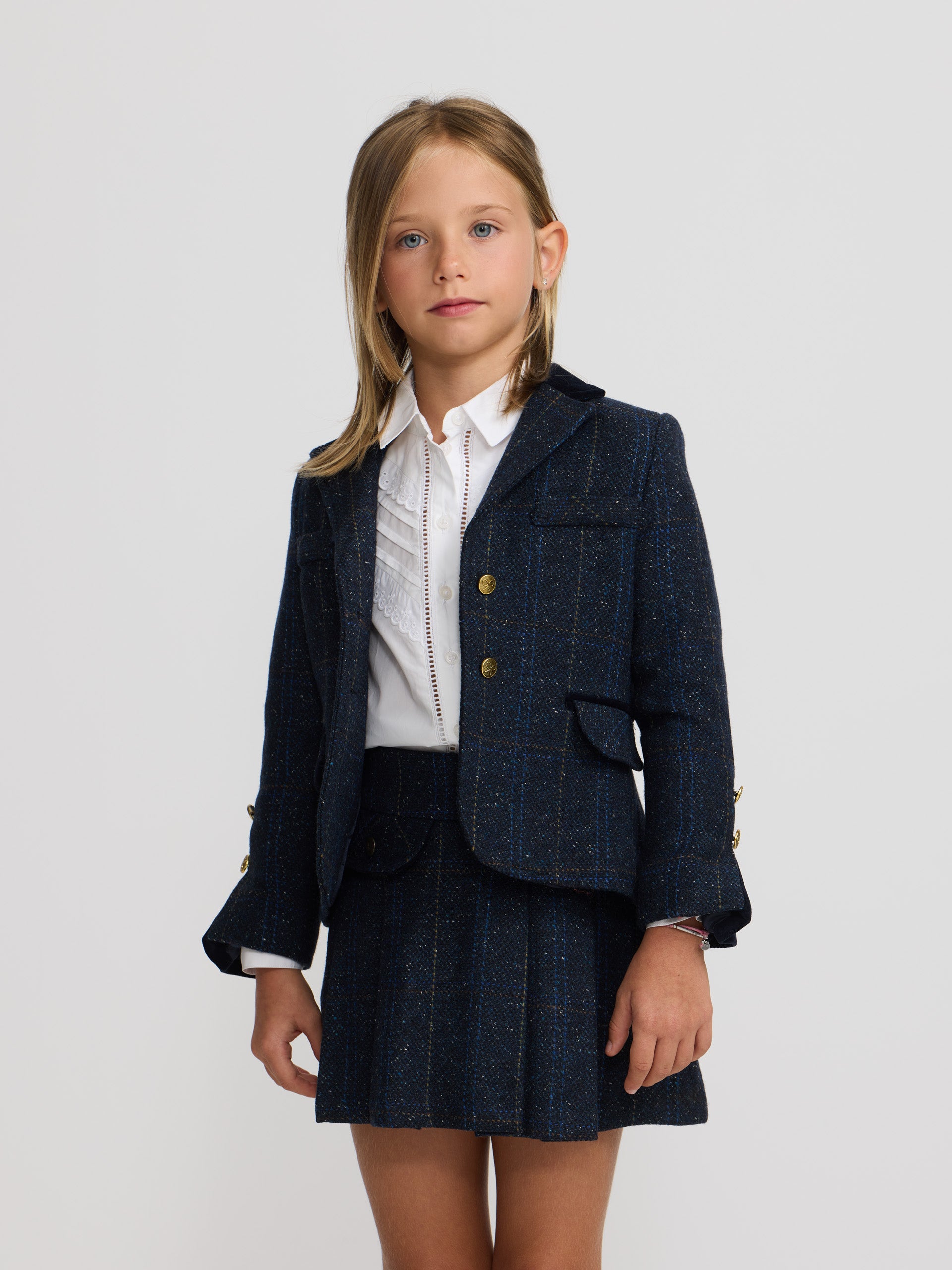 American girl with blue plaid velvet details