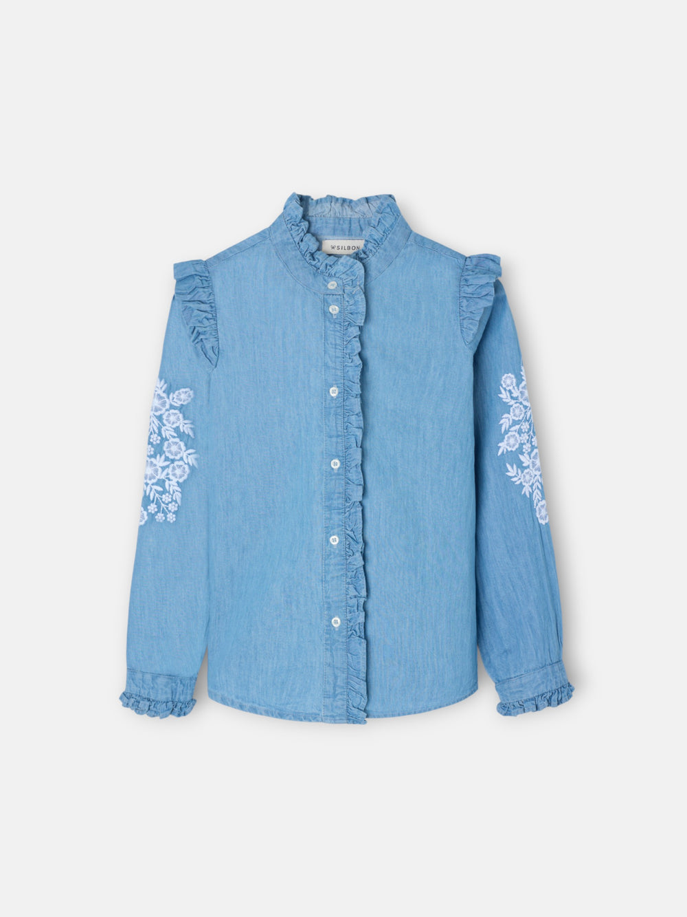 Girl's denim blouse embroidered white flowers