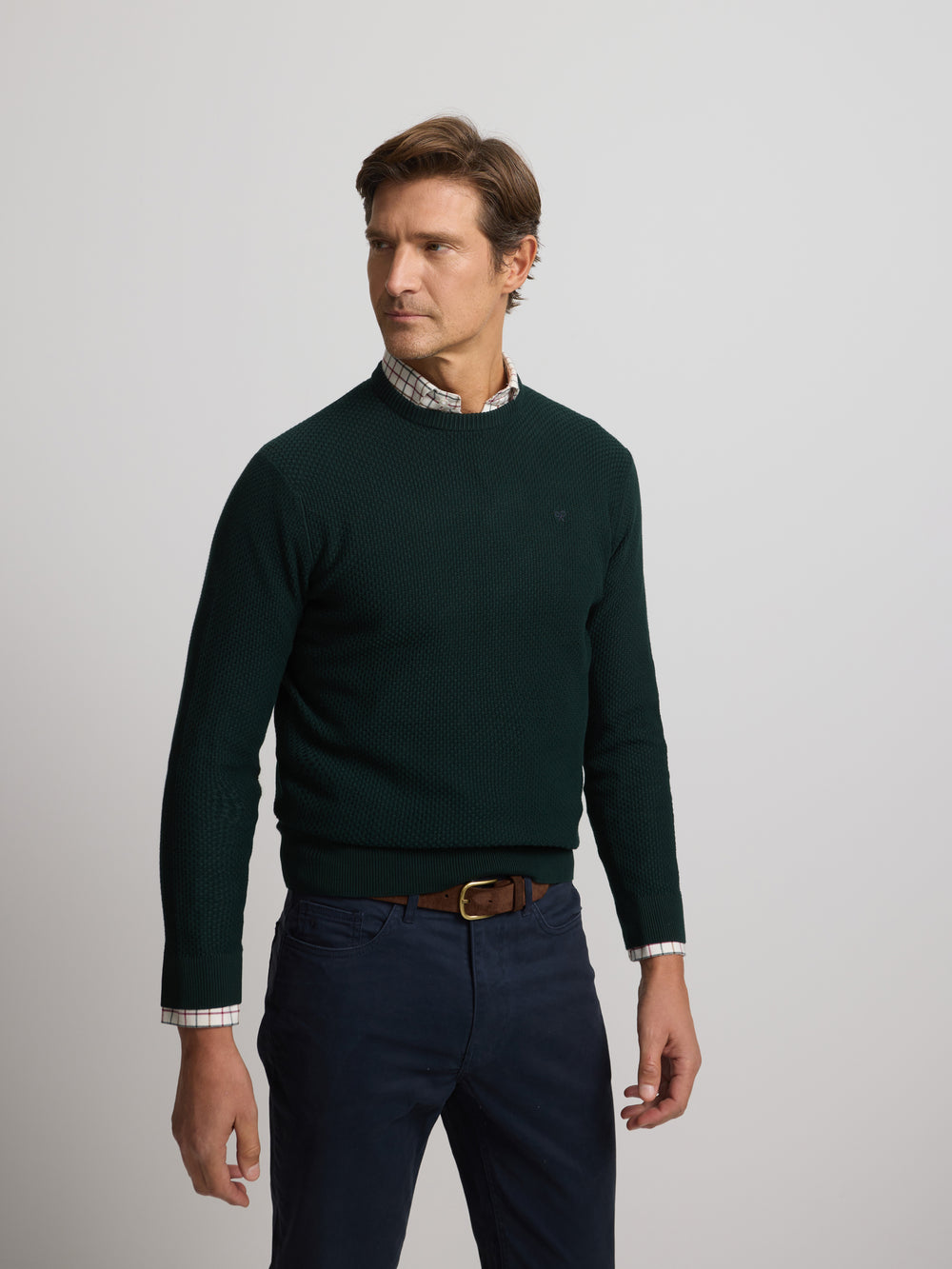 dark green textured round neck sweater