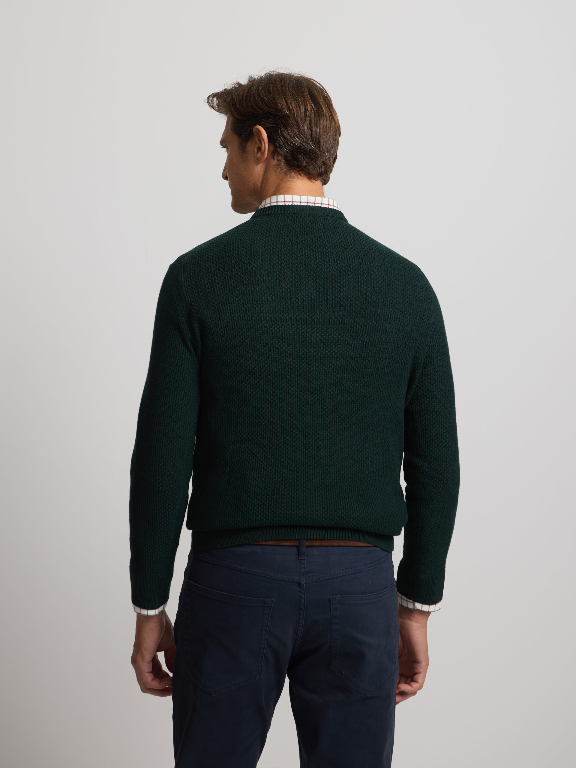 dark green textured round neck sweater