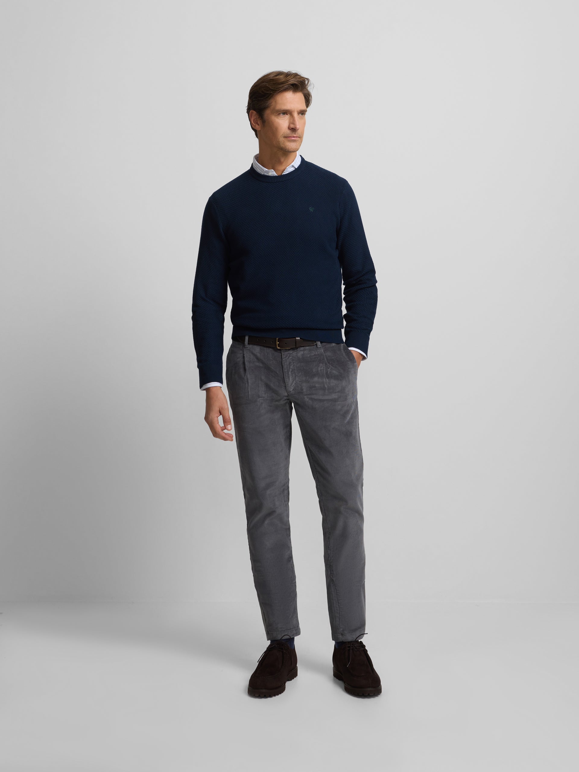 navy blue structured round neck sweater