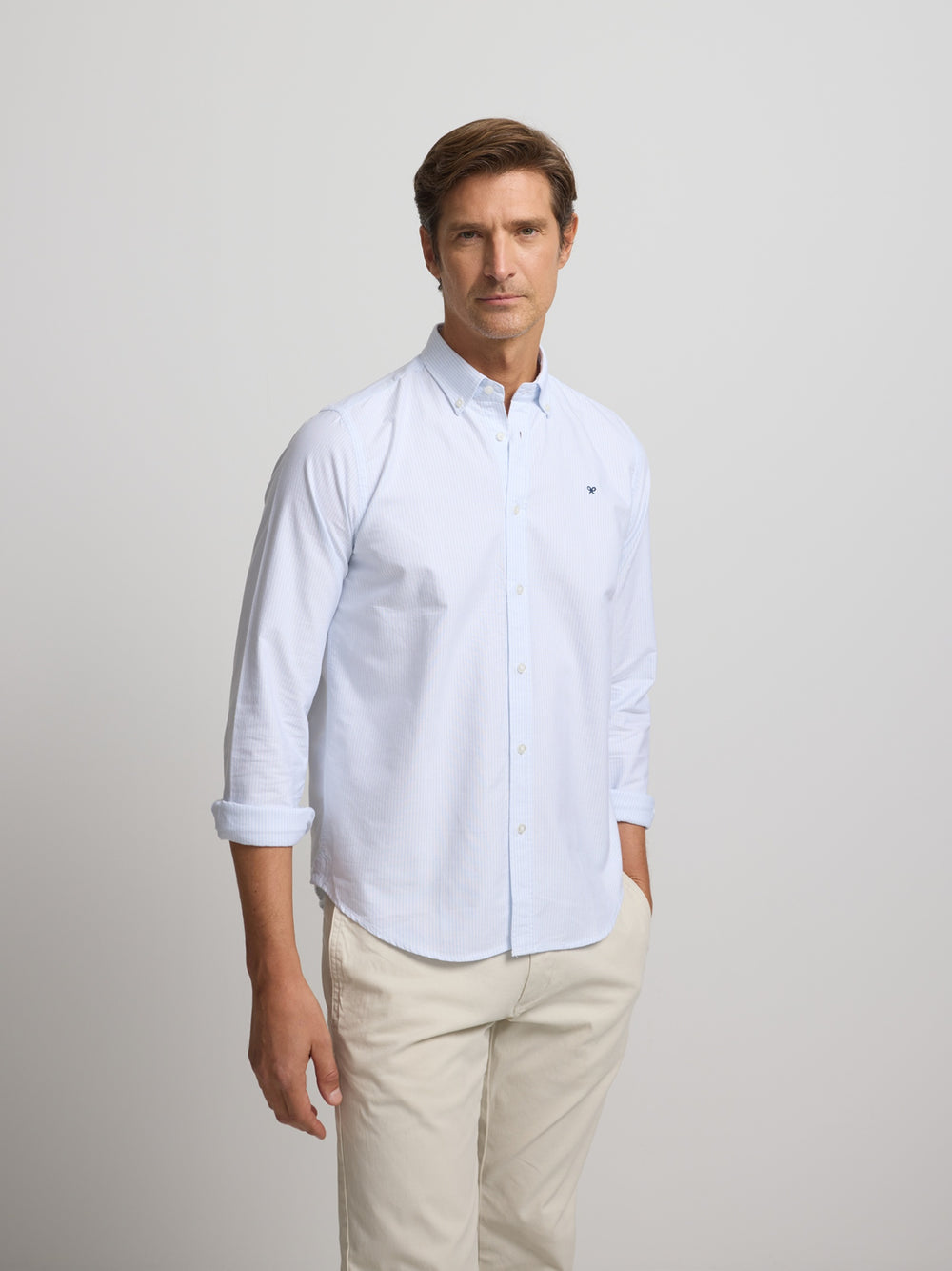 Light blue Oxford warm striped sport shirt, regular fit