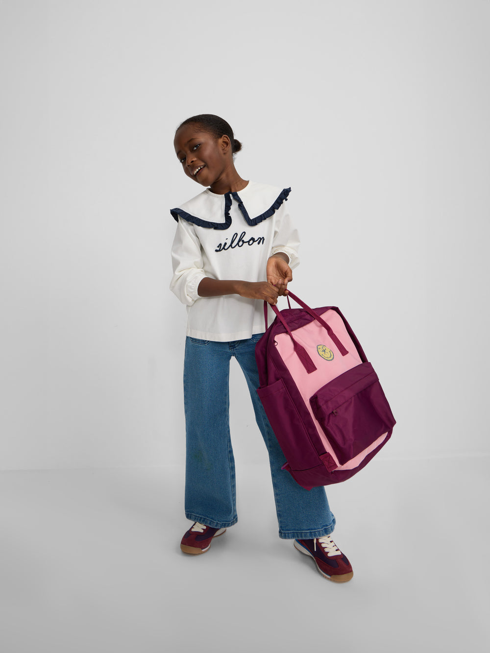 Camisola de menina de manga comprida com gola bobo em cru