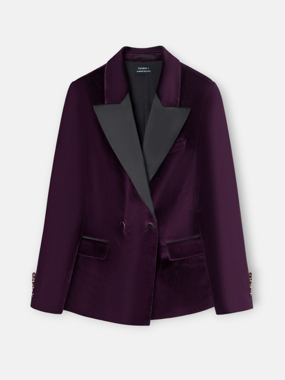 Americana cruzada solapa negra terciopelo morada