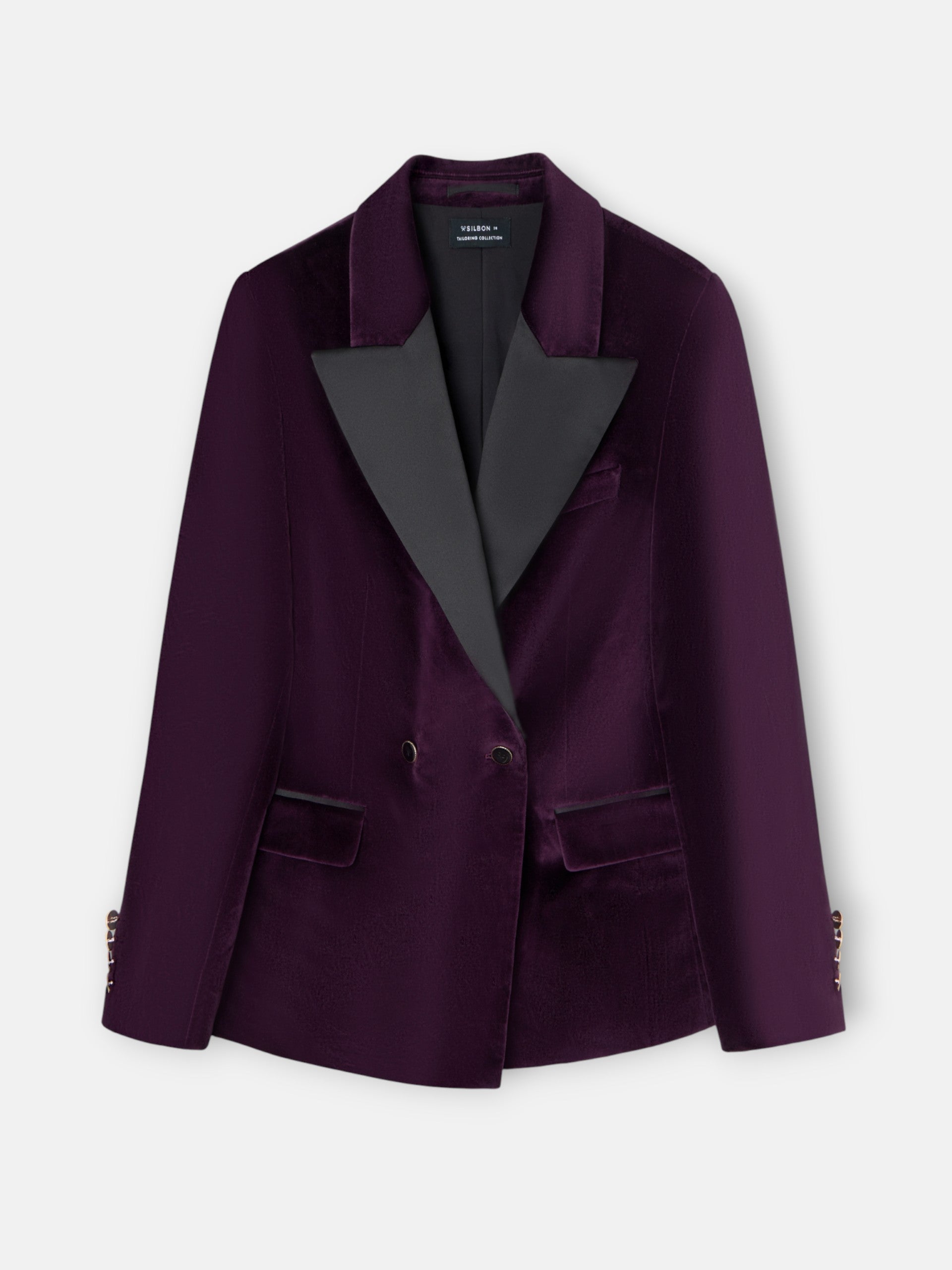 Americana cruzada solapa negra terciopelo morada