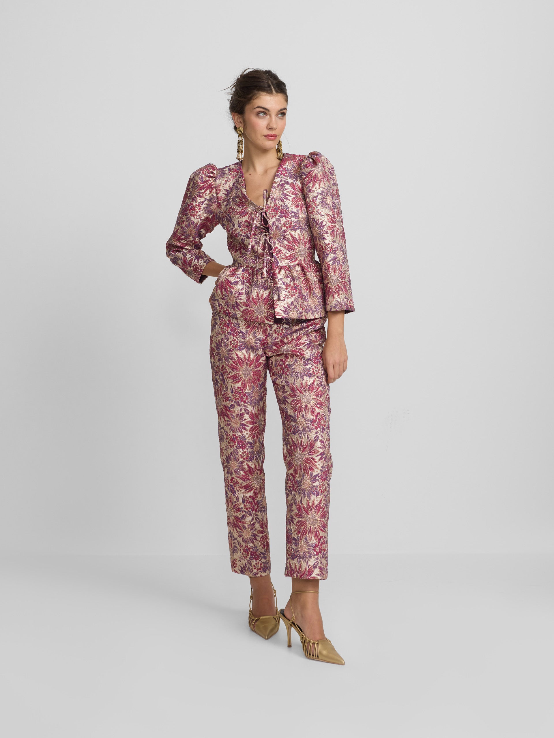 Dress pants with pink and purple floral print