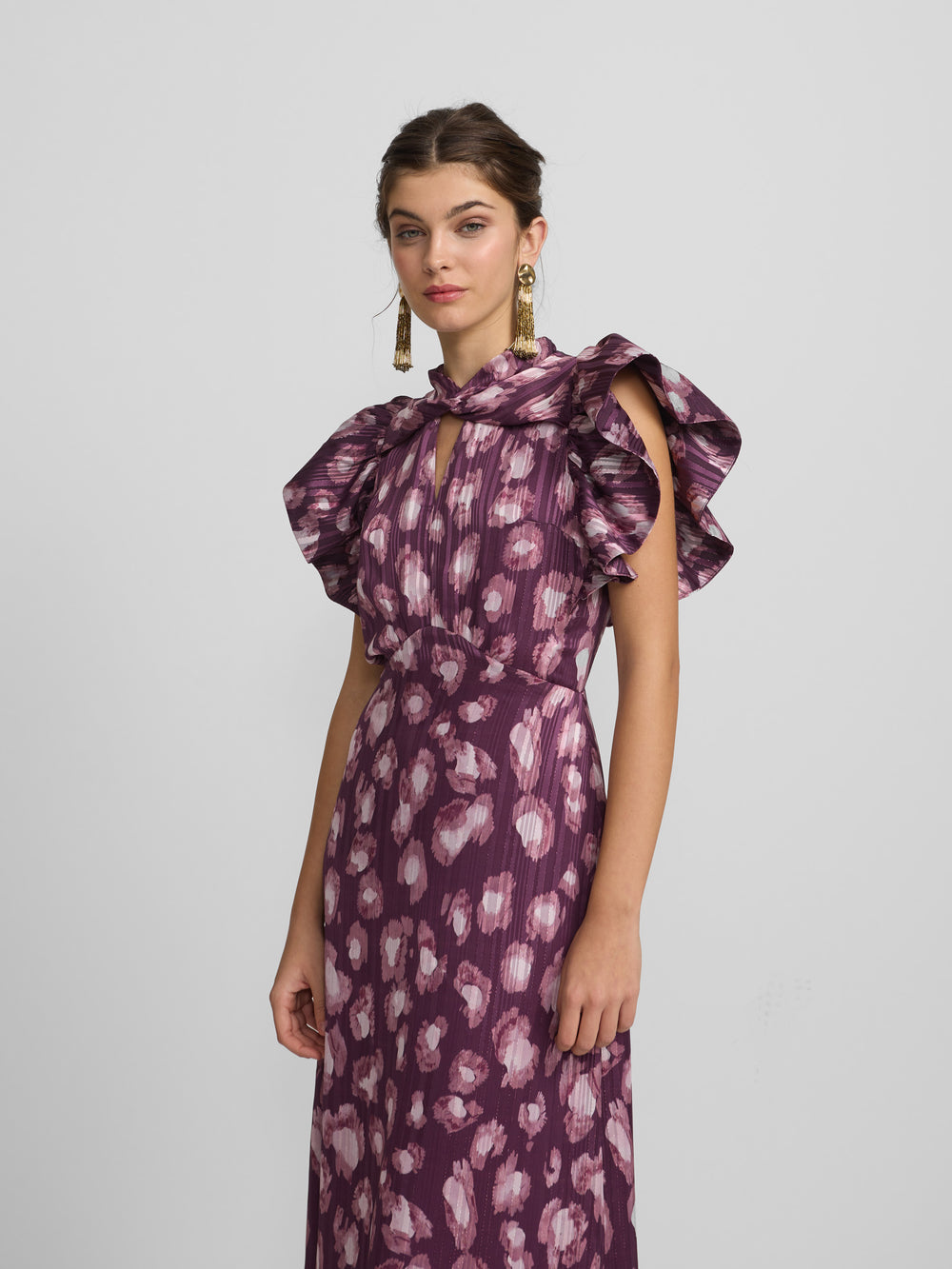 Vestido largo cuello cruzado estampado granate