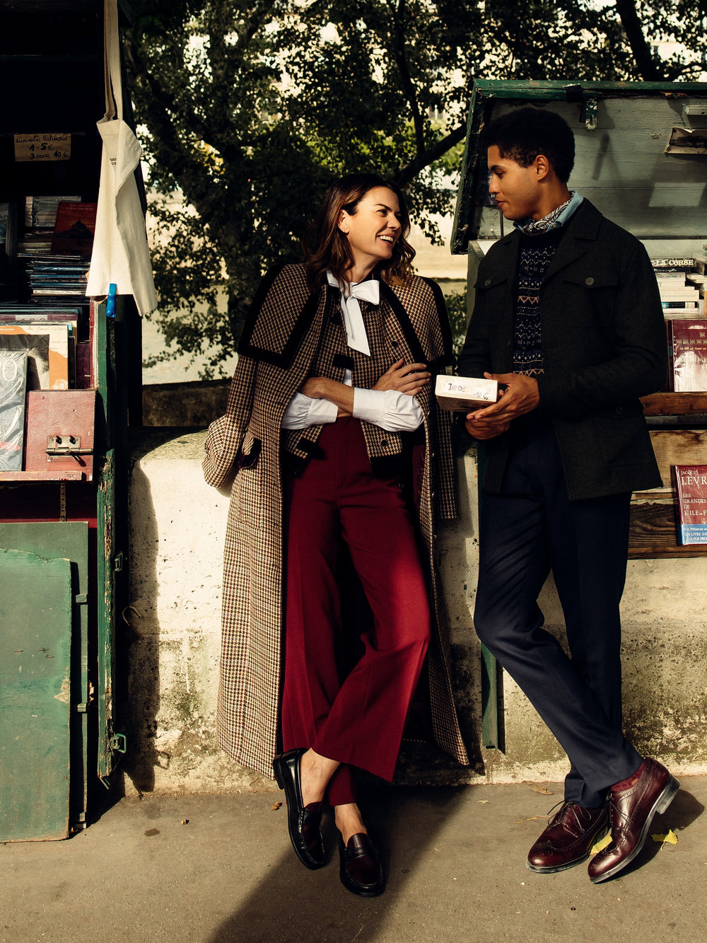 Unique long burgundy houndstooth coat