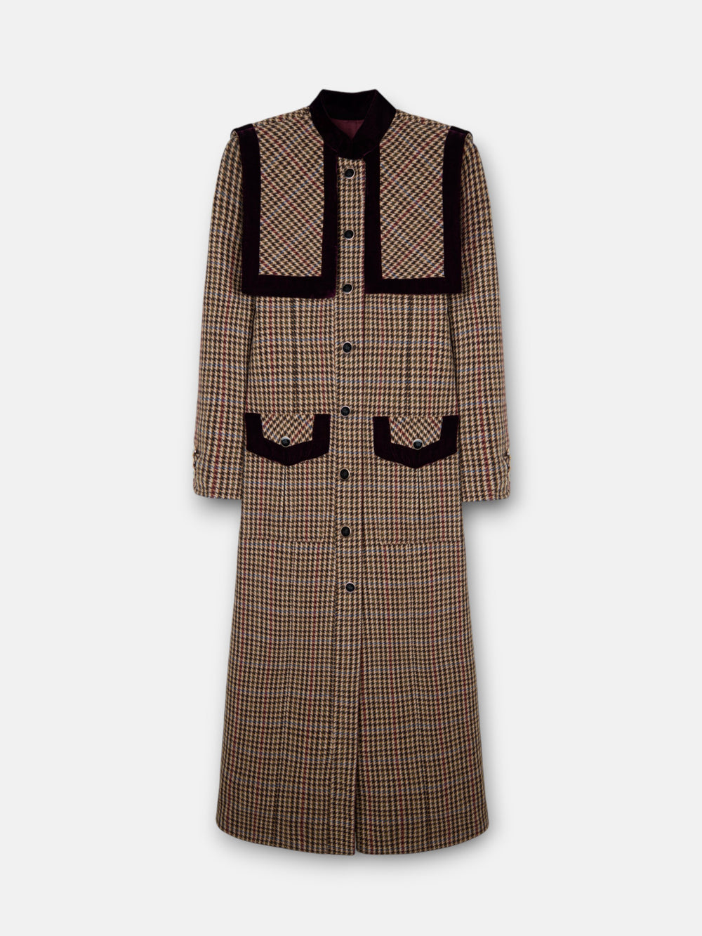 Unique long burgundy houndstooth coat