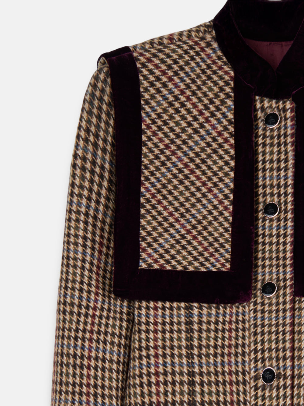 Unique long burgundy houndstooth coat