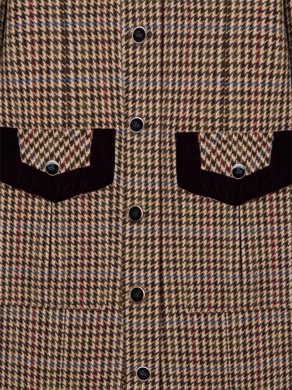 Unique long burgundy houndstooth coat