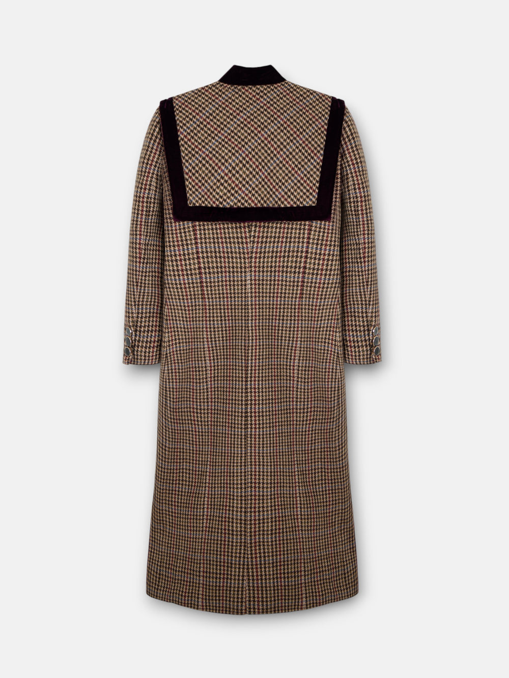 Unique long burgundy houndstooth coat