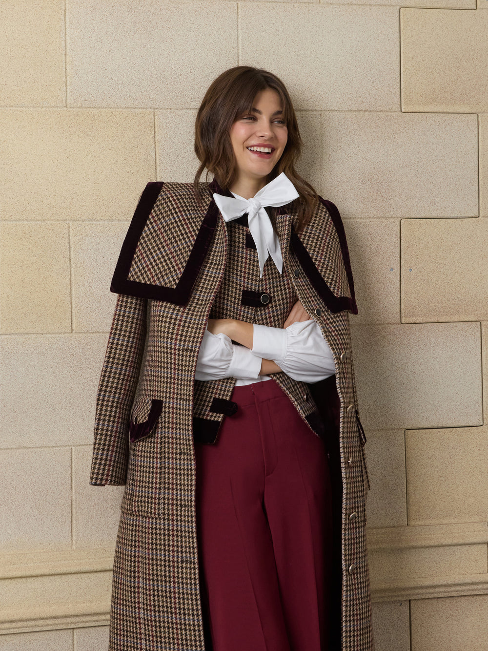 Unique long burgundy houndstooth coat