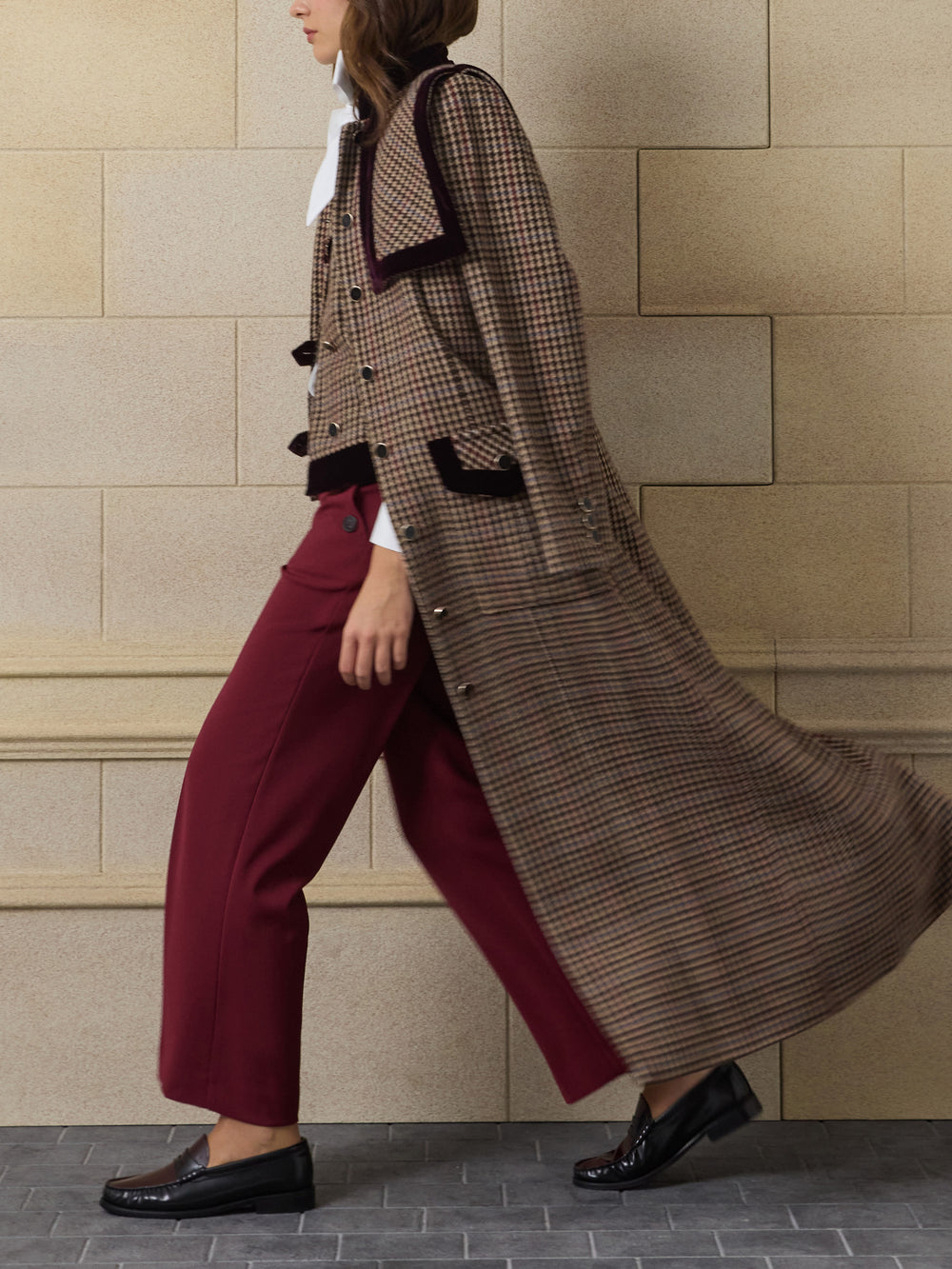 Unique long burgundy houndstooth coat
