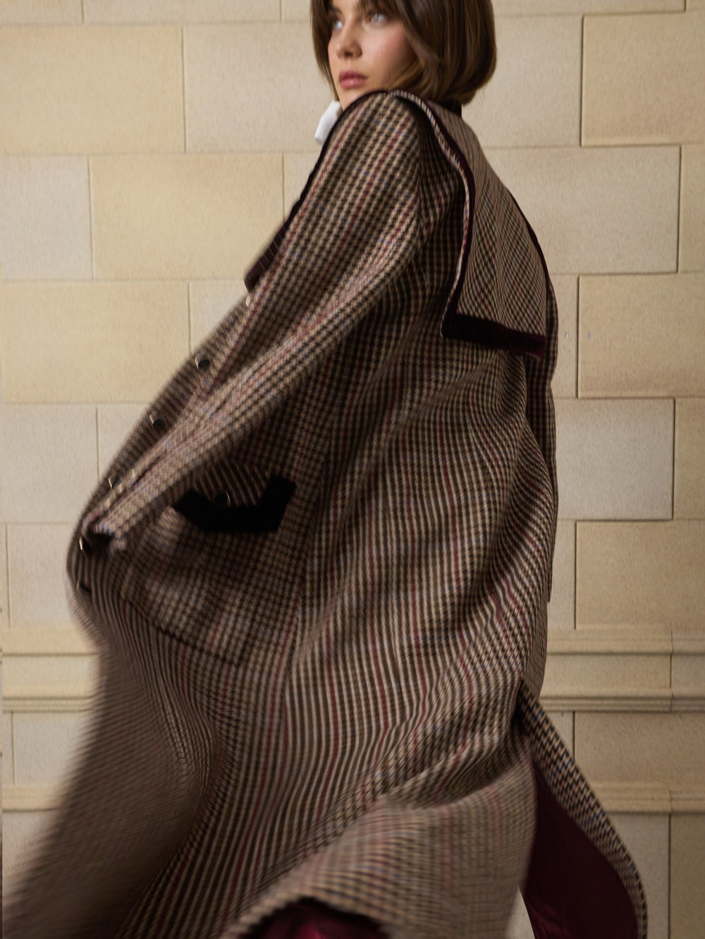 Unique long burgundy houndstooth coat