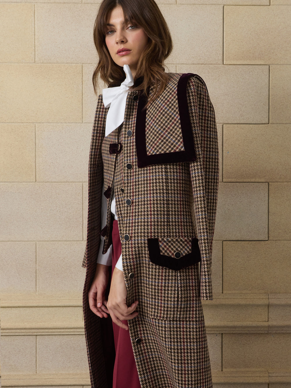 Unique long burgundy houndstooth coat