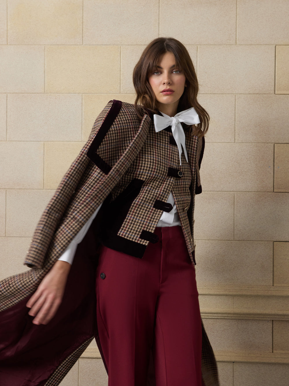 Unique long burgundy houndstooth coat