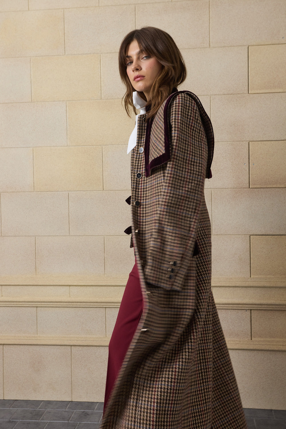 Unique long burgundy houndstooth coat