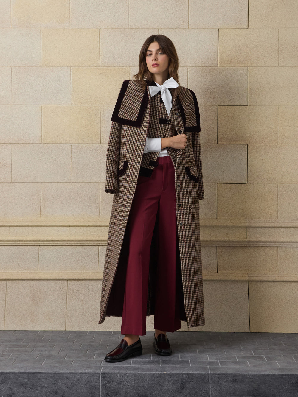 Unique long burgundy houndstooth coat