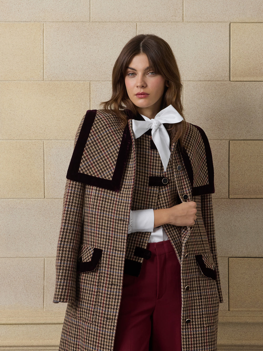 Unique long burgundy houndstooth coat