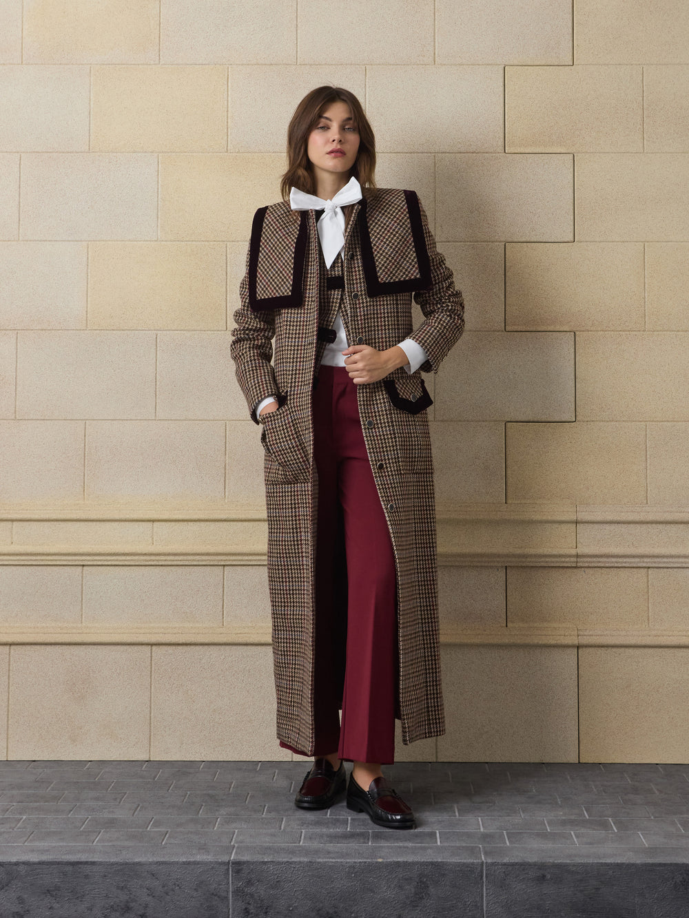 Unique long burgundy houndstooth coat