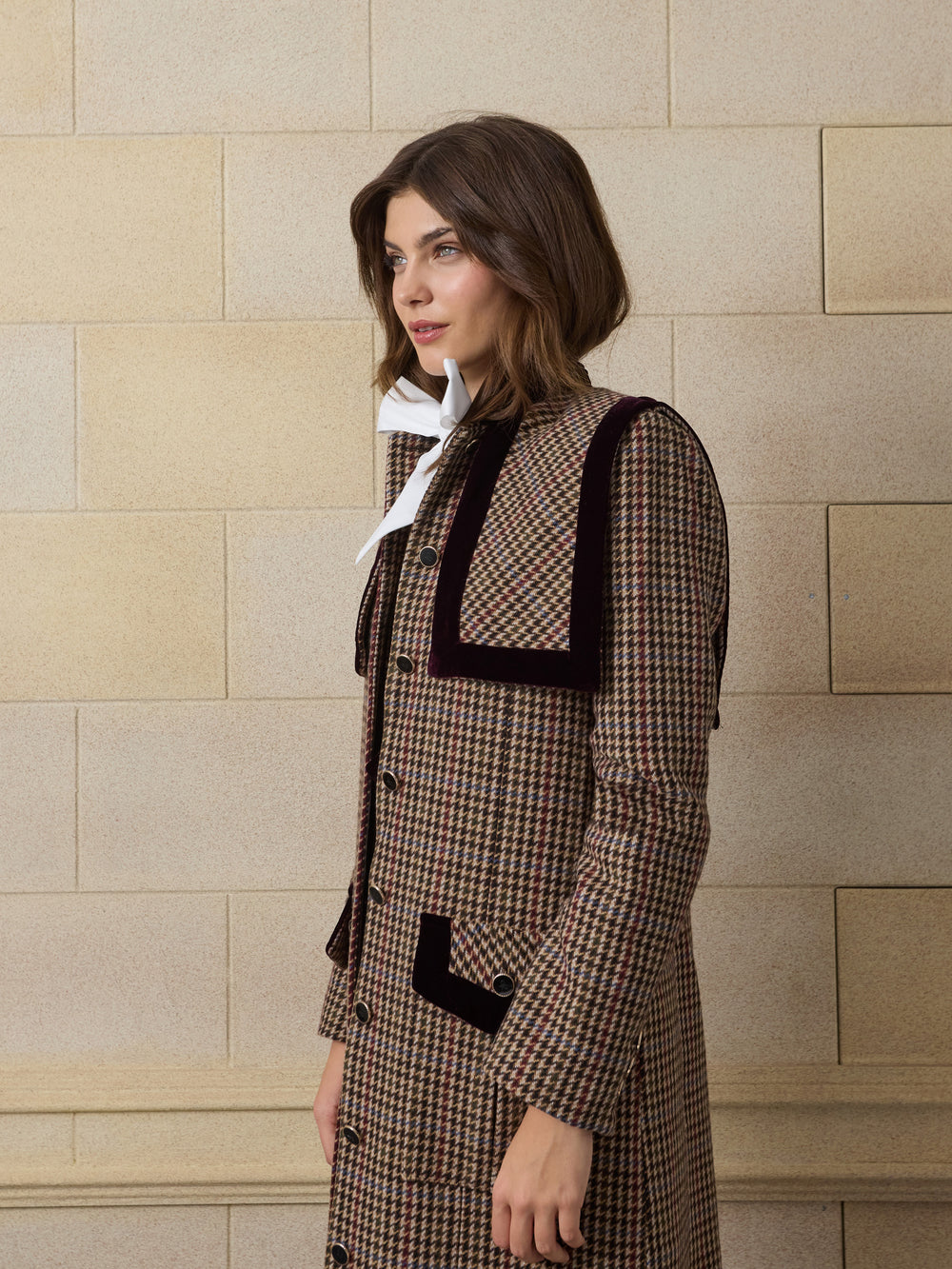 Unique long burgundy houndstooth coat