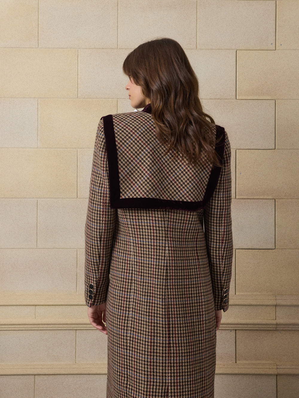 Unique long burgundy houndstooth coat