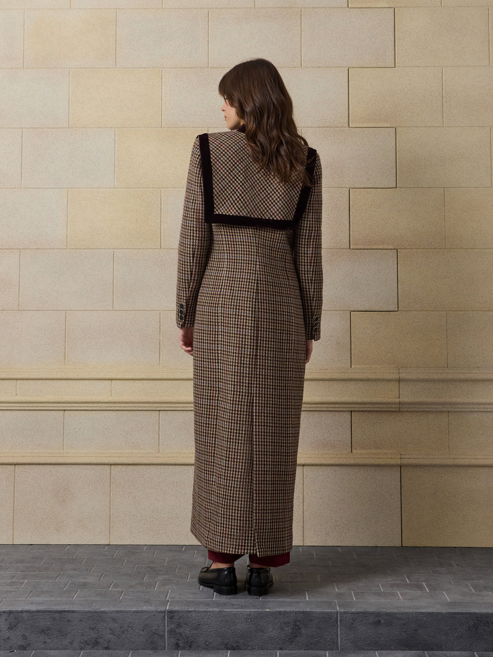 Unique long burgundy houndstooth coat