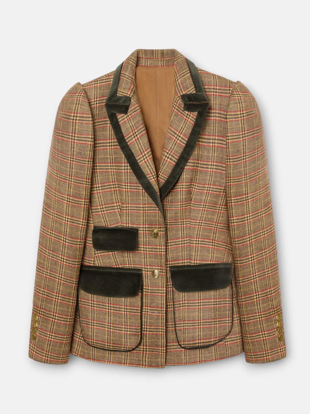 Blazer única com manga abalonada e padrão de xadrez castanho