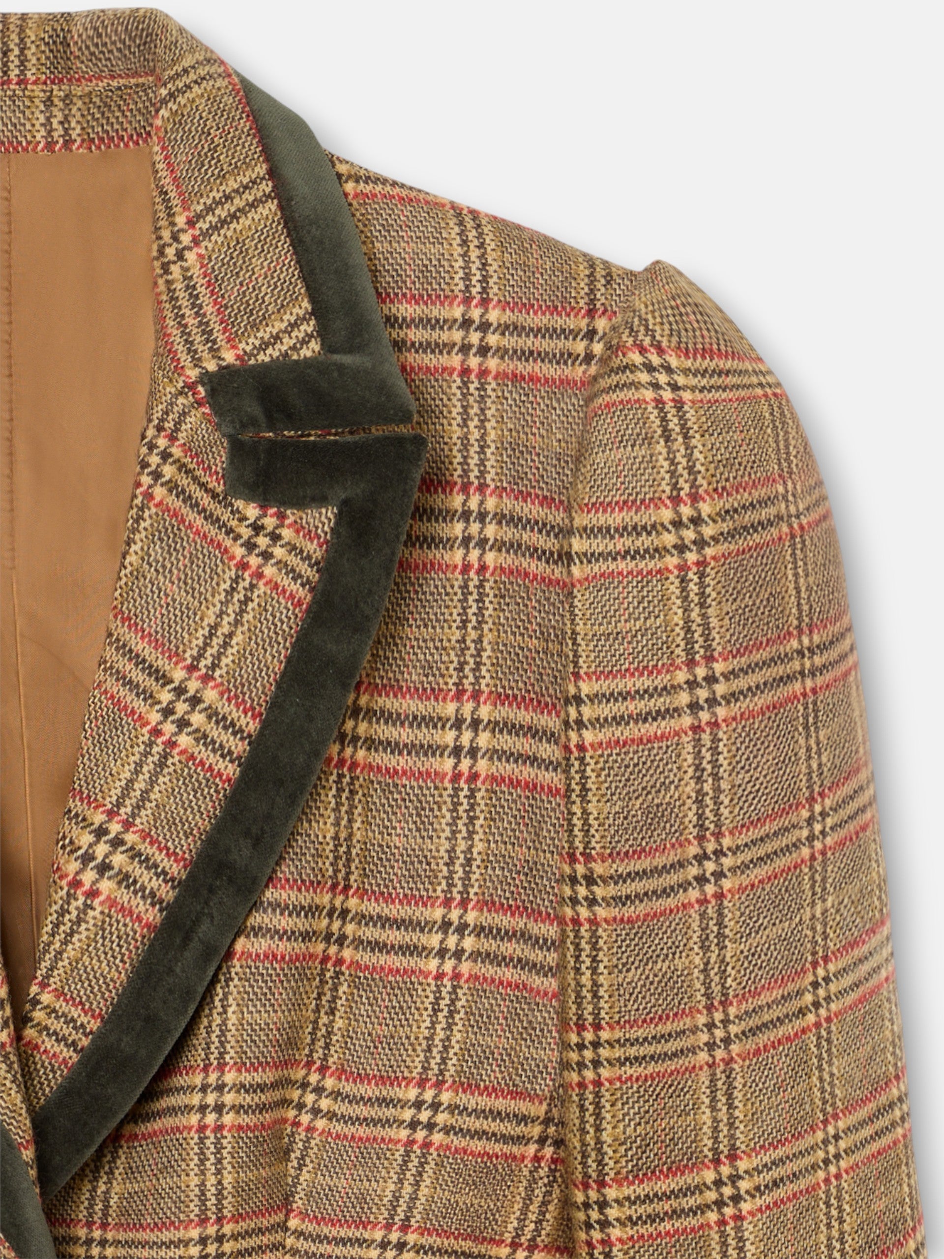 Blazer única com manga abalonada e padrão de xadrez castanho