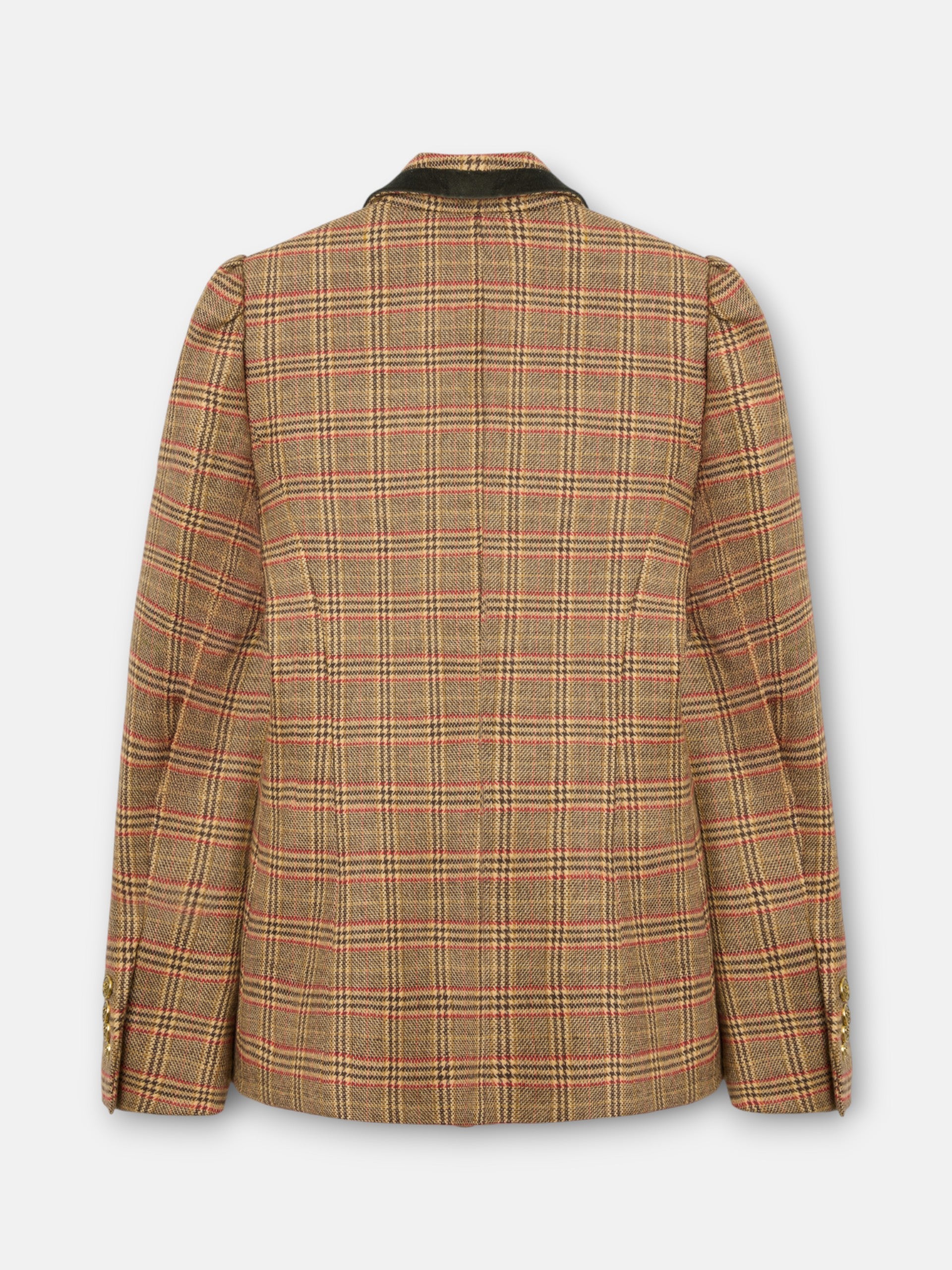 Blazer única com manga abalonada e padrão de xadrez castanho