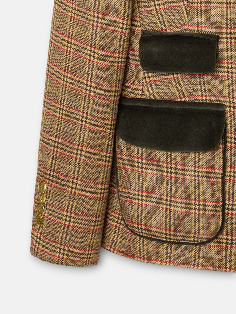 Blazer única com manga abalonada e padrão de xadrez castanho