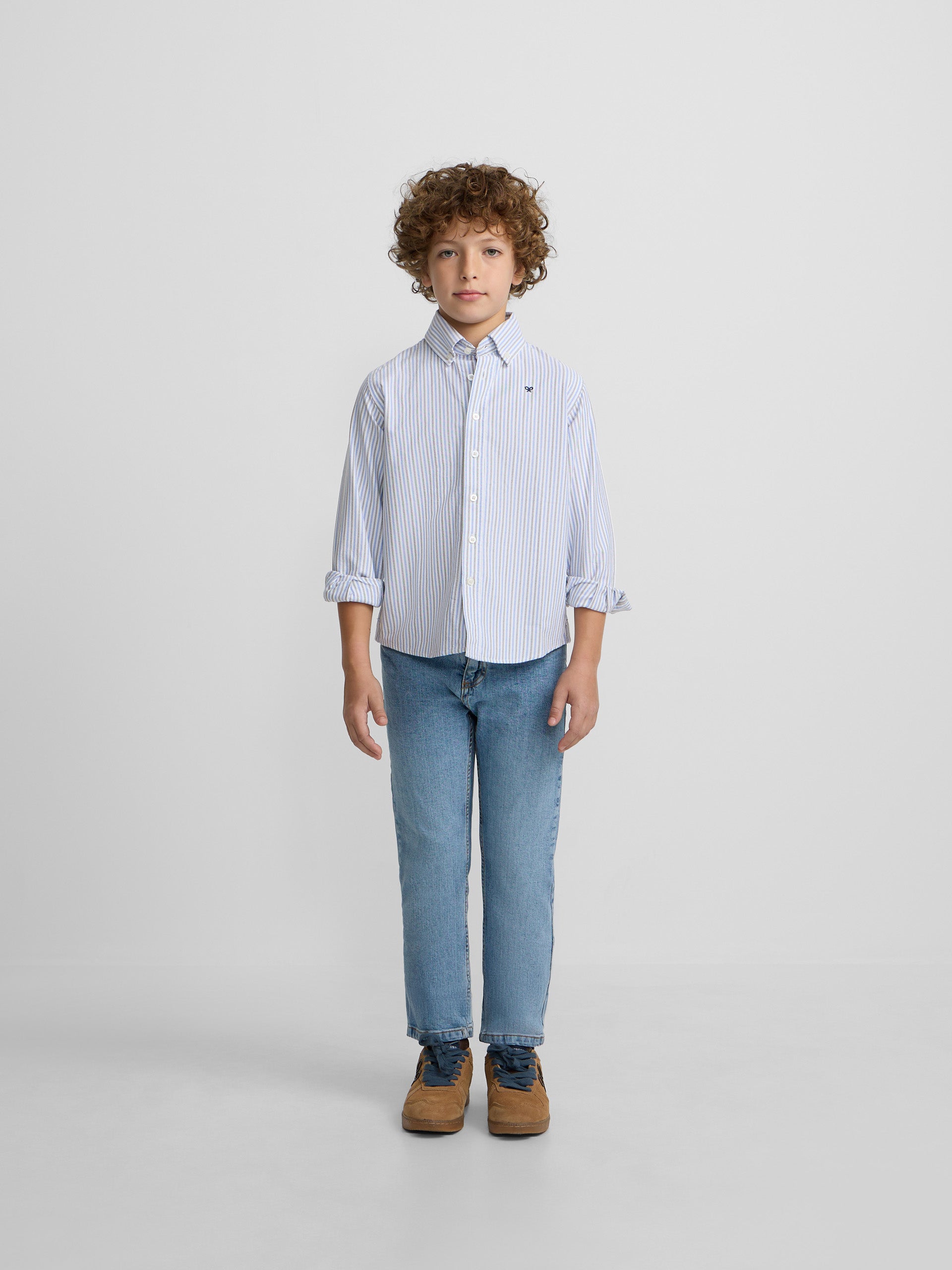 Camisa desportiva criança oxford riscas azul e verde