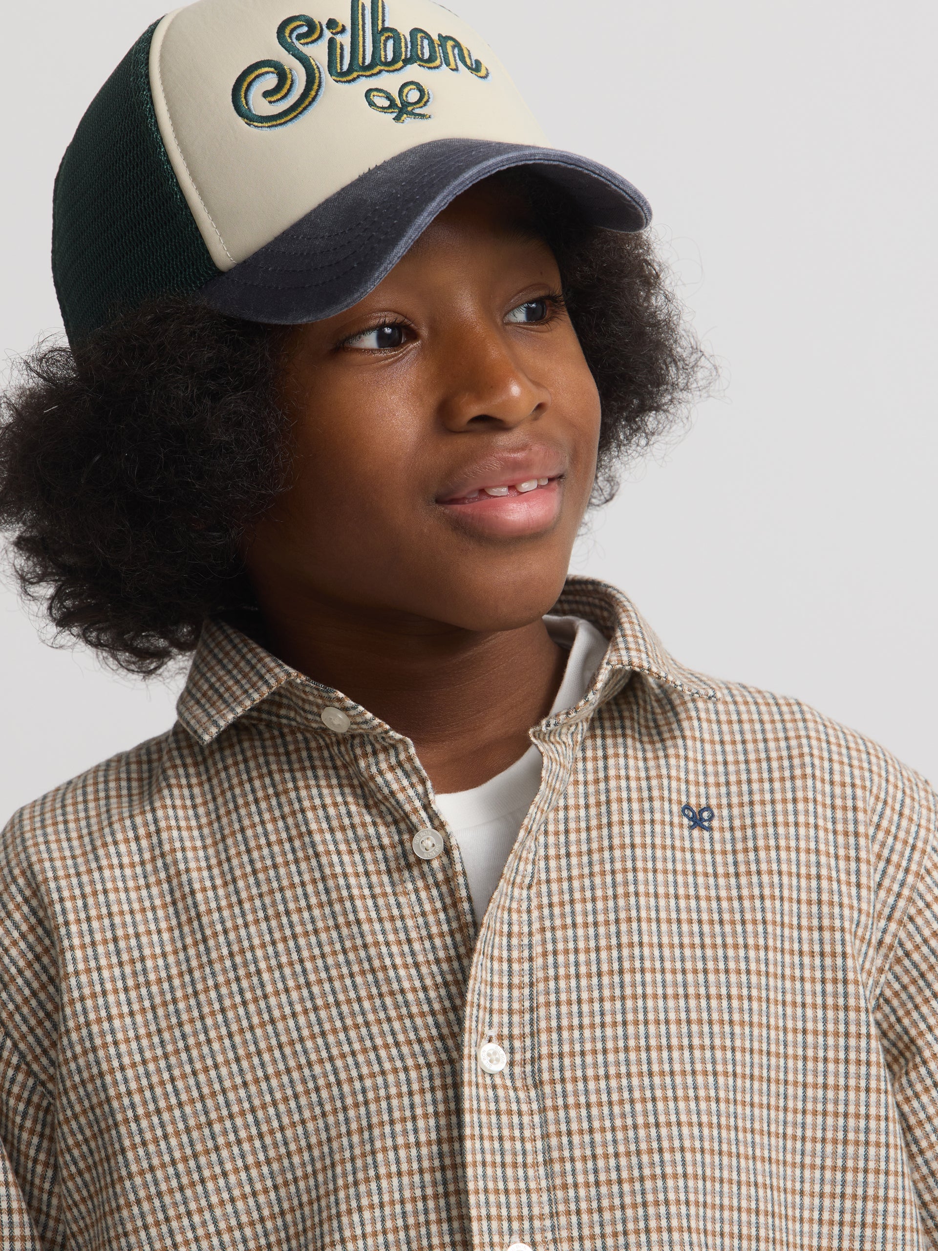 Camisa desportiva infantil aos quadrados bicolor verde mostarda