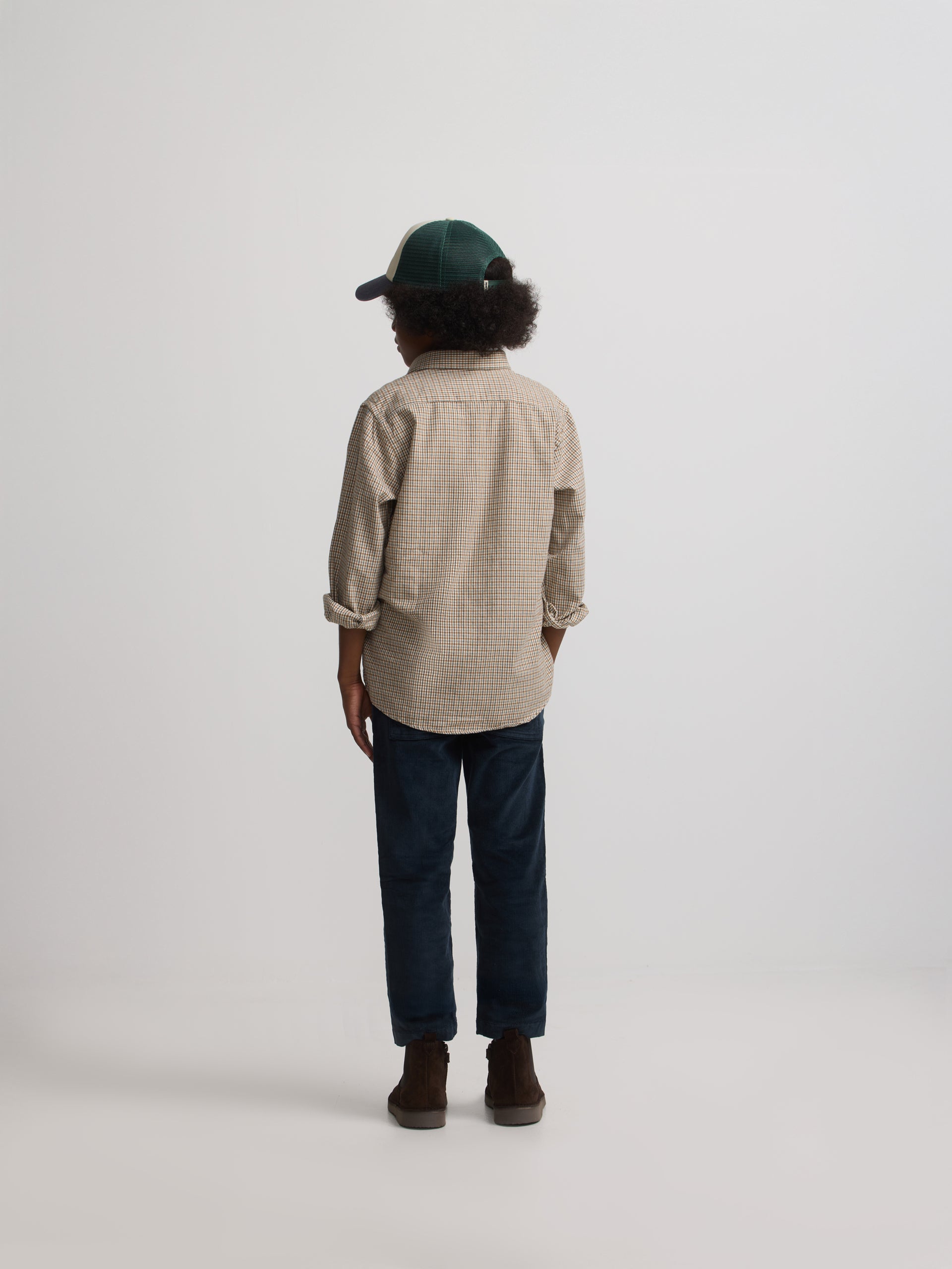 Camisa desportiva infantil aos quadrados bicolor verde mostarda