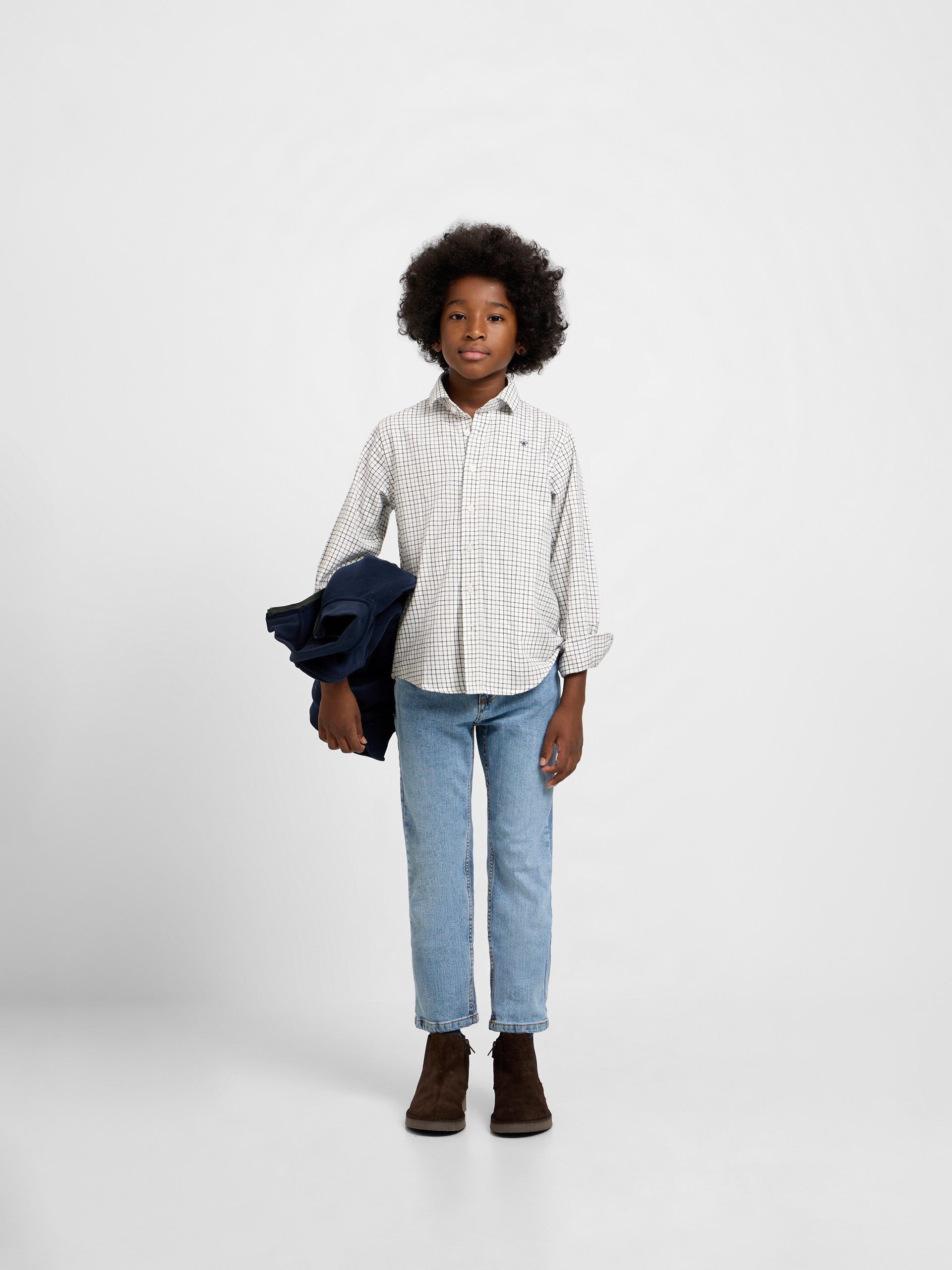 Camisa desportiva para criança aos quadrados bicolor azul-marinho e cinzento