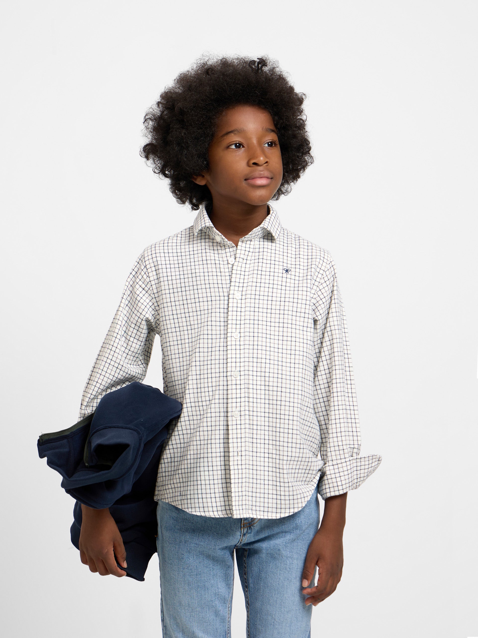 Camisa desportiva para criança aos quadrados bicolor azul-marinho e cinzento