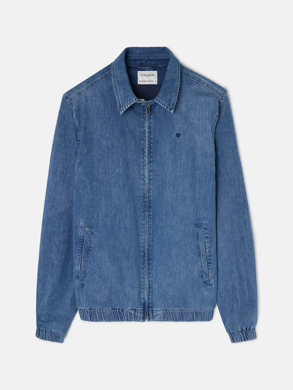 Blue distressed denim bomber