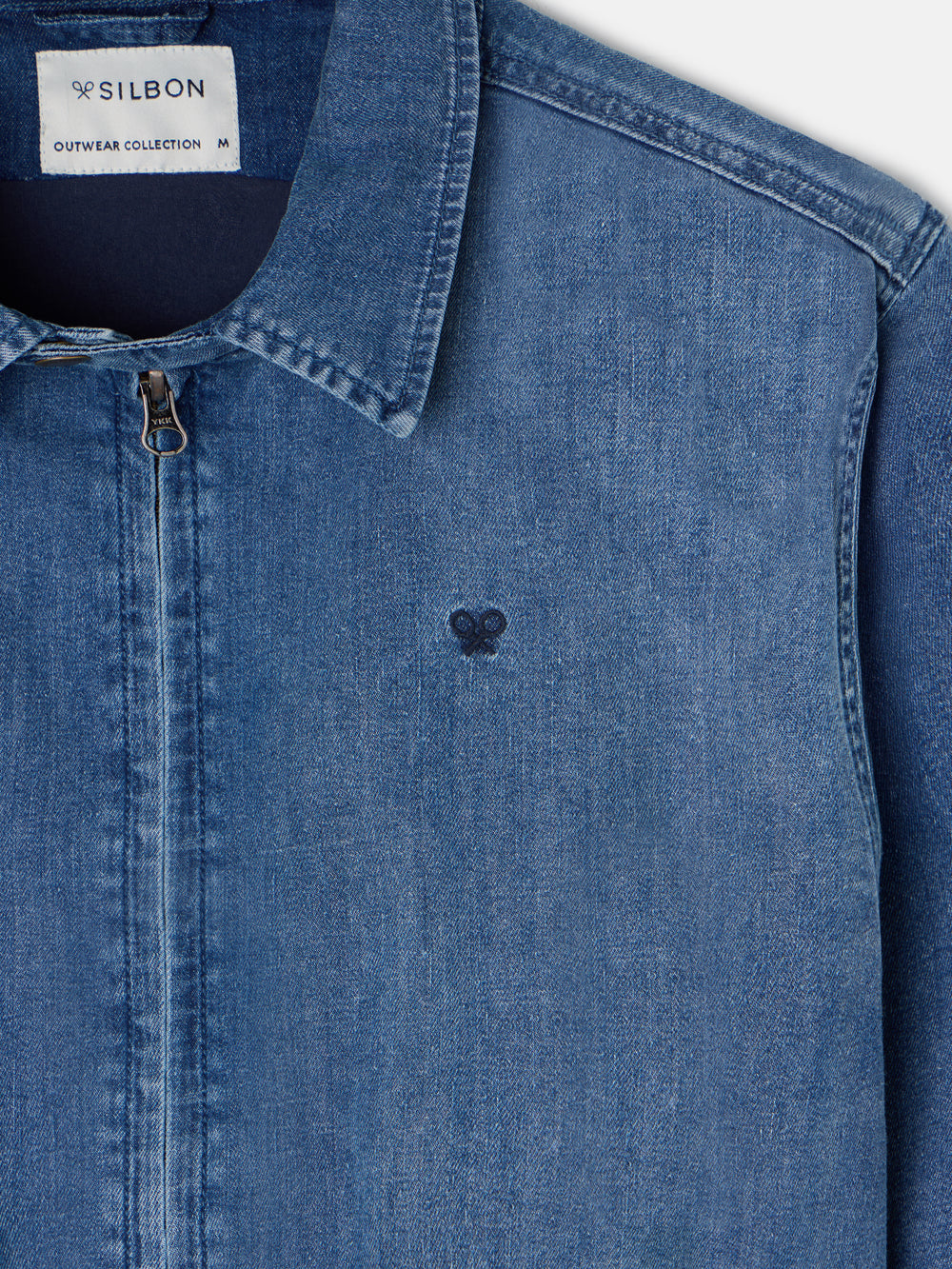 Blue distressed denim bomber