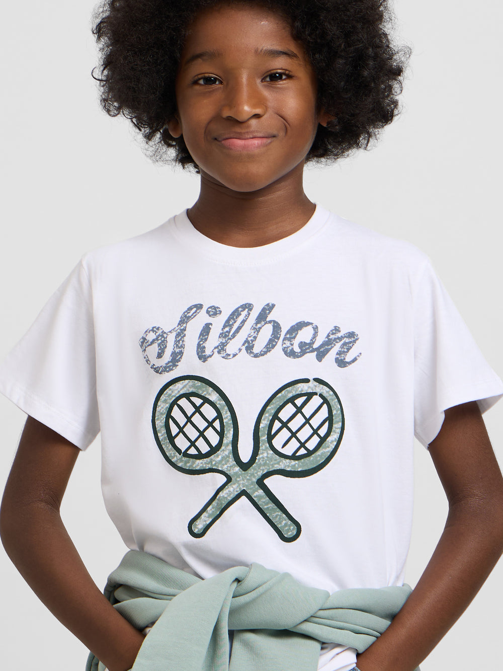 Kids' green and white racket logo T-shirt
