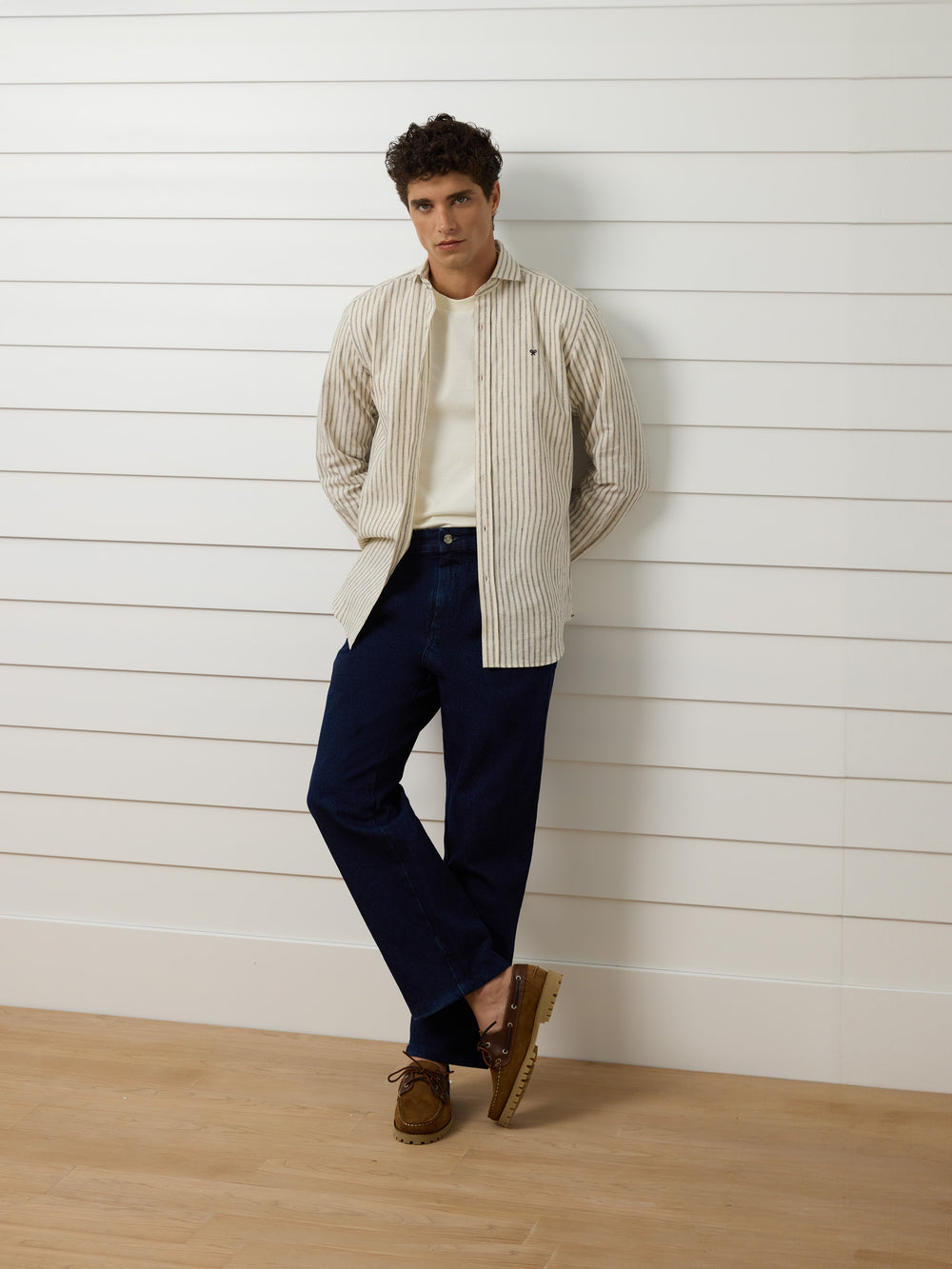 Chemise sport minilogo rayures verticales beige