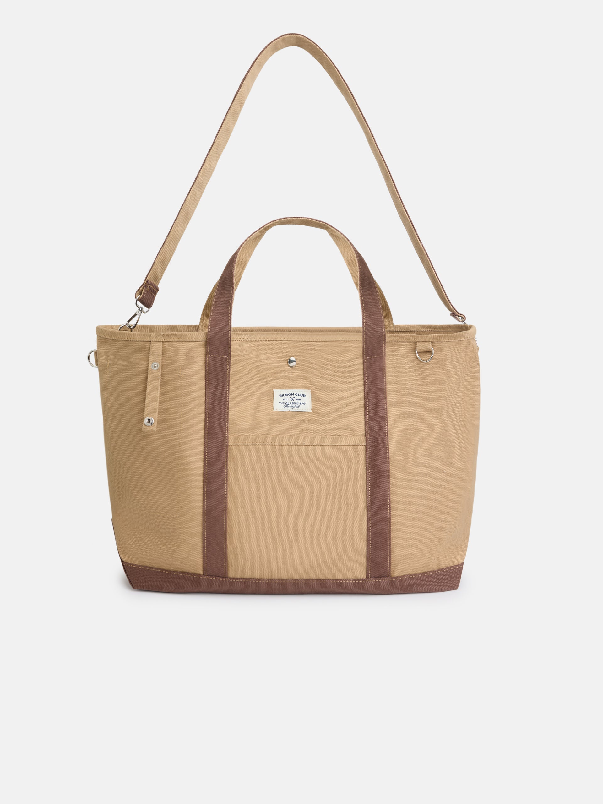 Classic two-tone camel tote bag
