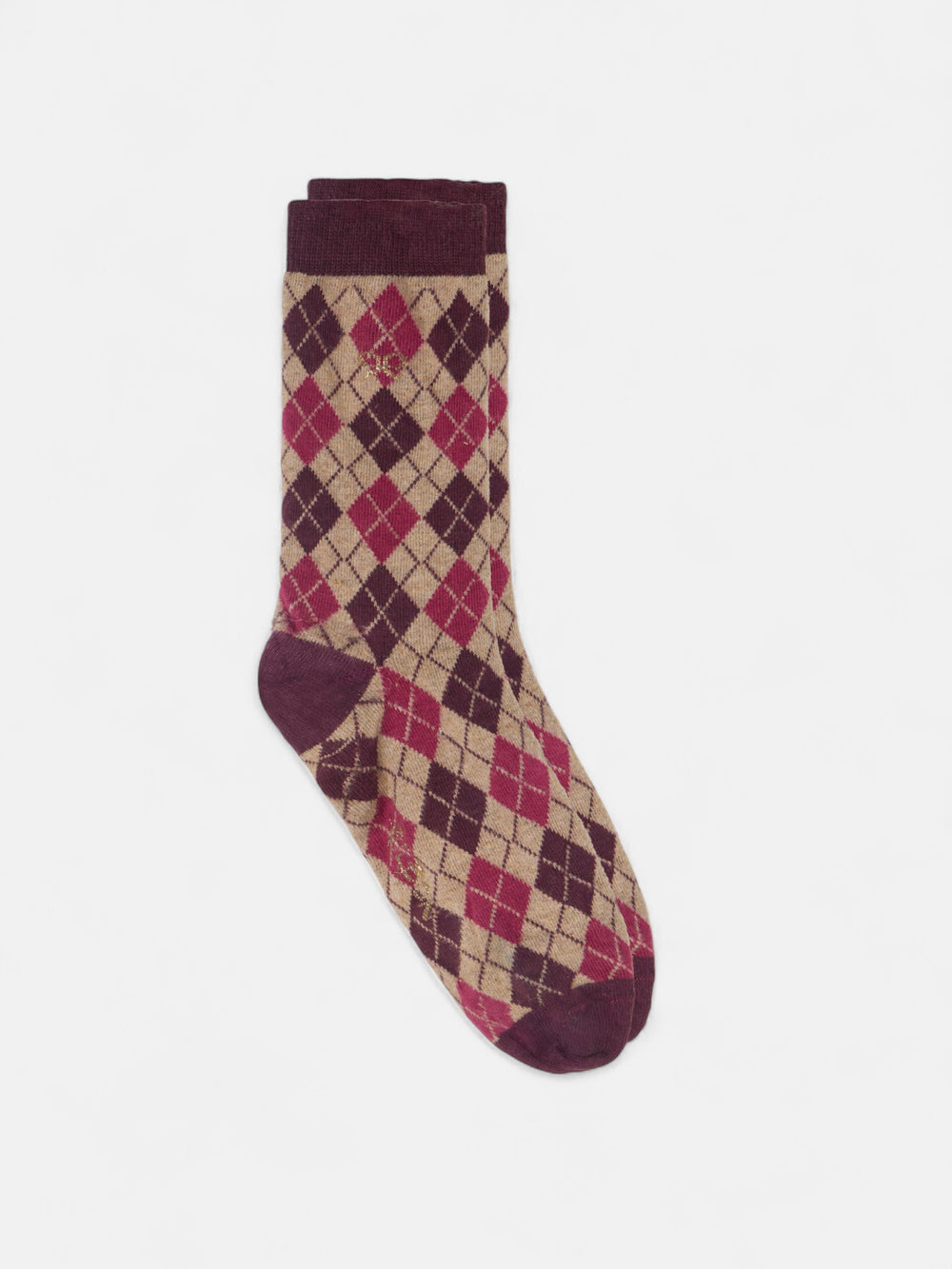 Long burgundy diamond-patterned socks