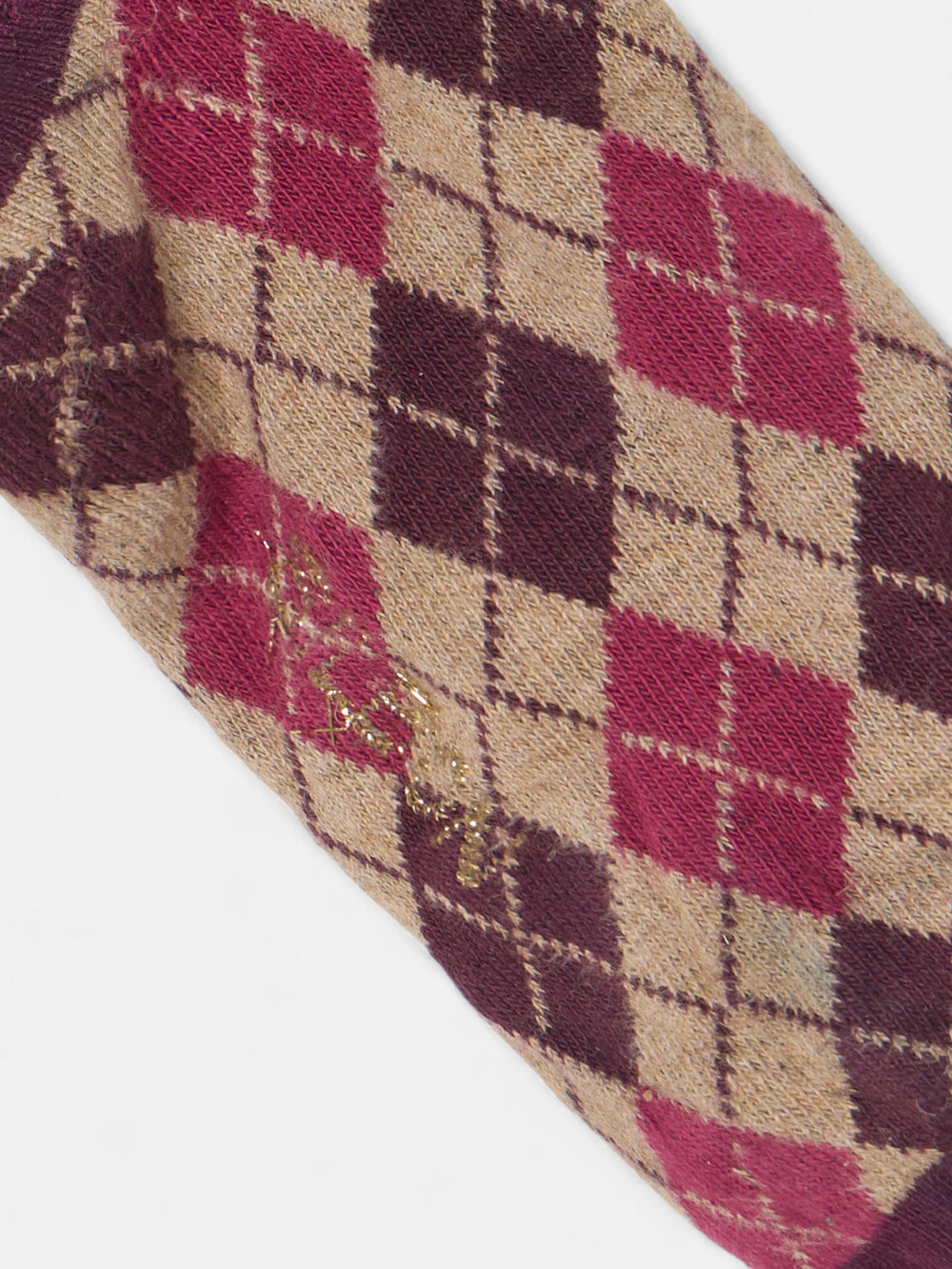 Long burgundy diamond-patterned socks