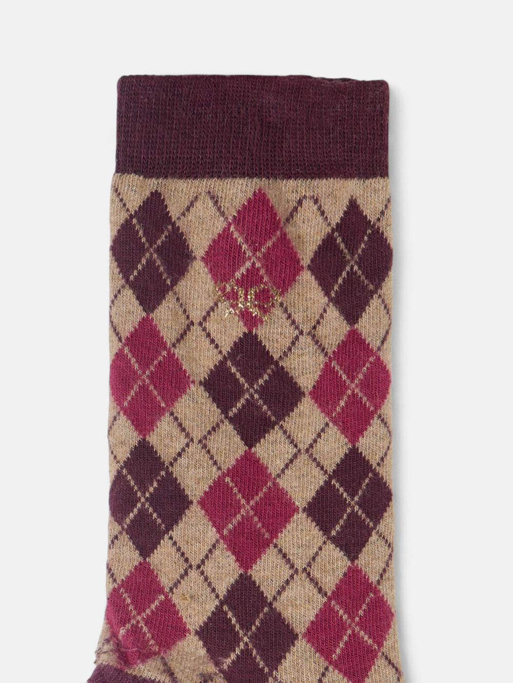 Long burgundy diamond-patterned socks
