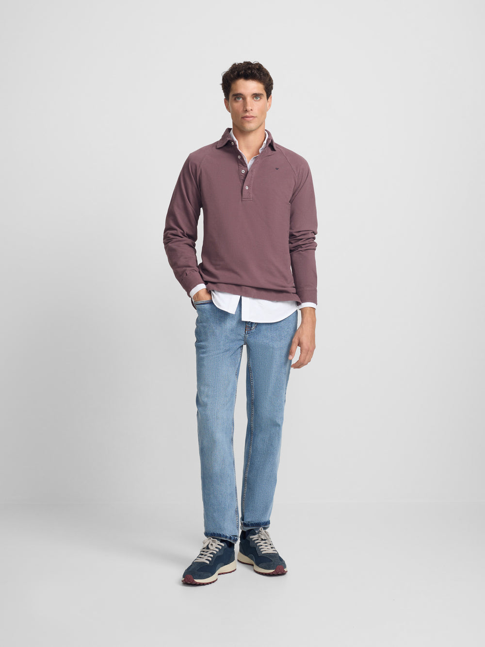 Burgundy raglan long sleeve plain polo shirt