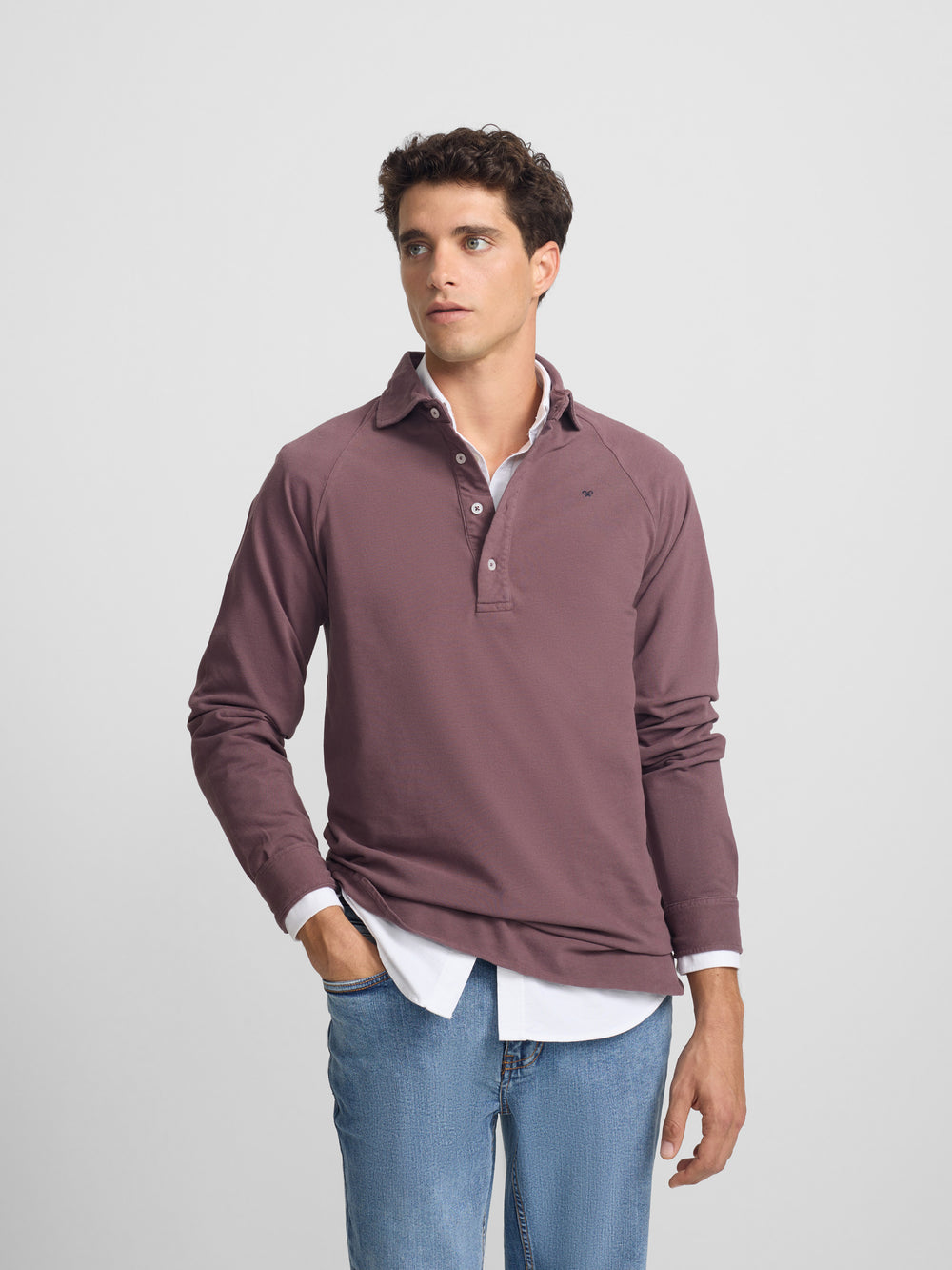 Burgundy raglan long sleeve plain polo shirt