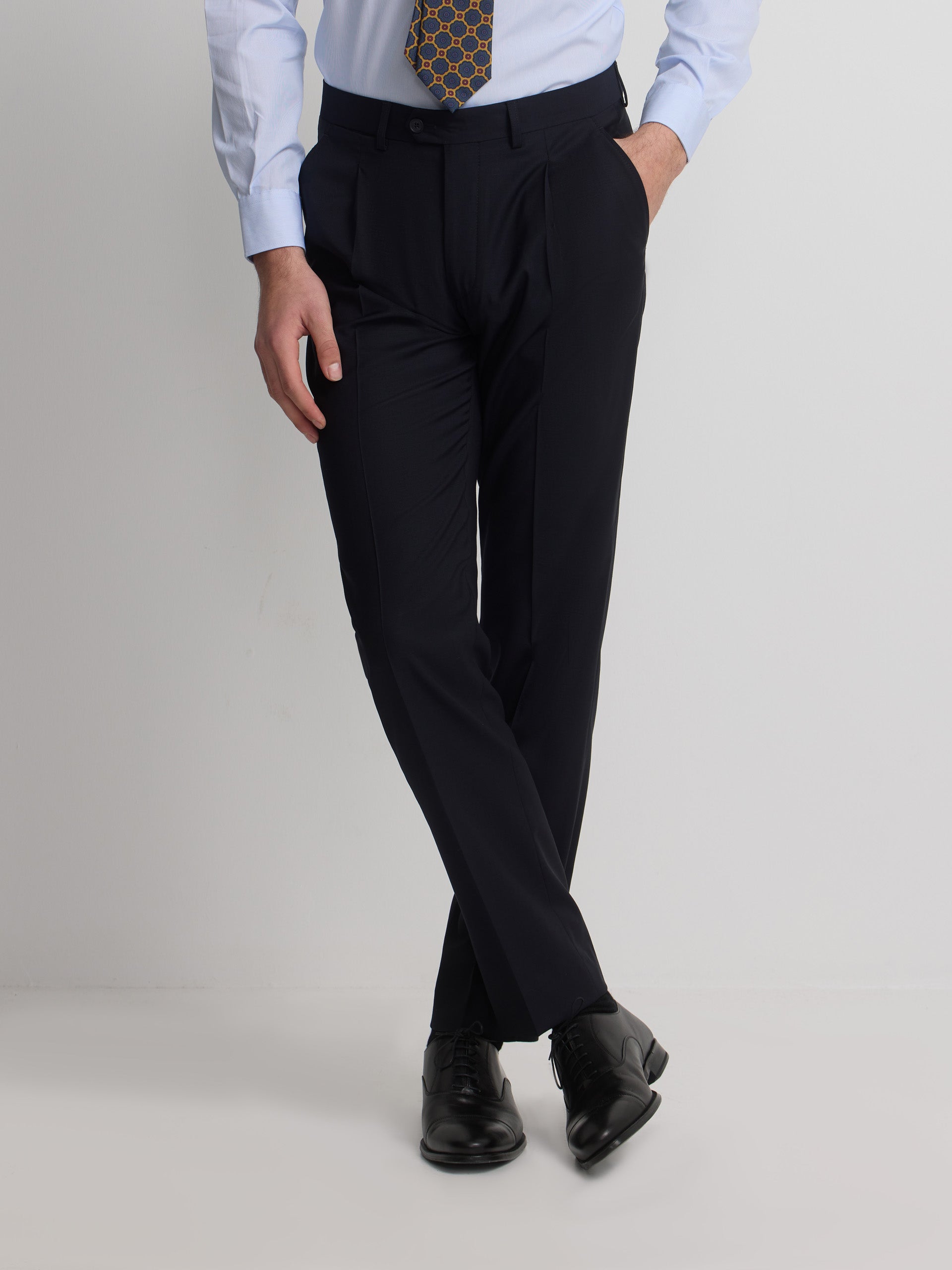 Double-breasted stretch navy suit trousers